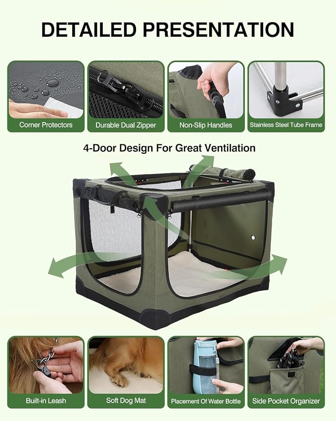 Veraste 42" Soft Collapsible Travel Dog Crate for Large Dogs,Green | 4-Door Foldable Travel Crate,breathable mesh, foldable with storage bag