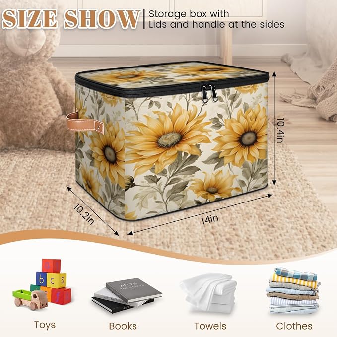 Pardick Flower Sunflower Storage Bins Storage Basket with Zipper Lid & Handle Foldable Storage Box Storage Cube Bin Clothes Organizer for Closet, Bedroom