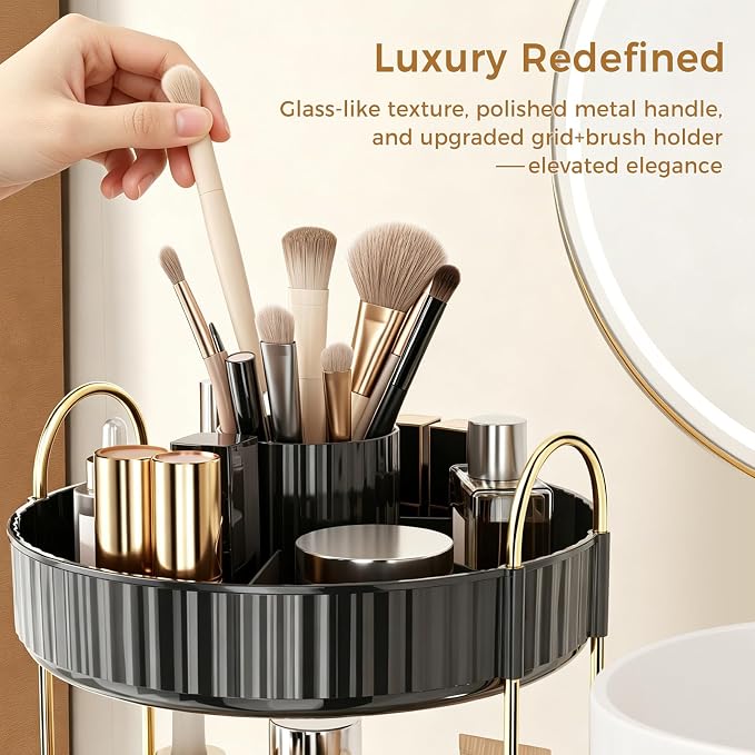 360° Rotating Makeup Organizer, Upgraded 3 Tier Skincare Perfume Organizers for Women, Bathroom Organizer Countertop, Clear Cosmetic Dresser Organizer with Makeup Brush Holder, Sink&Counter(Black)