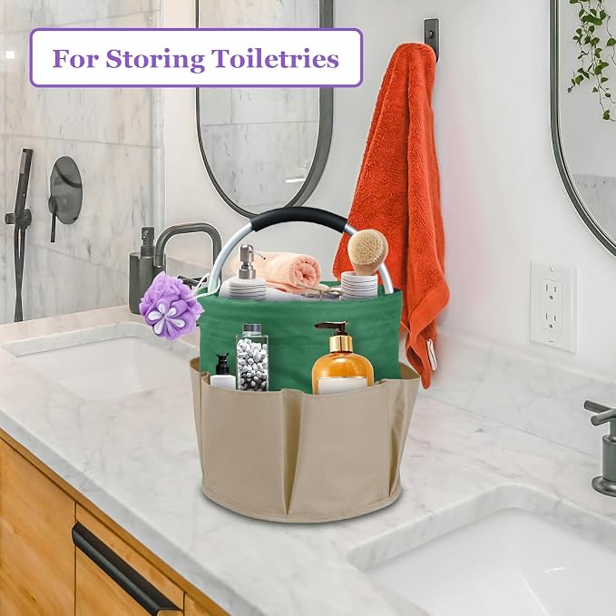 Set of 2 Foldable Cleaning Caddy for Cleaning Supplies, 17L Household Tool Bucket Organizer for Men, Large Cleaning Basket in 600D Oxford Fabric for Travel, Garden, Khaki with Green