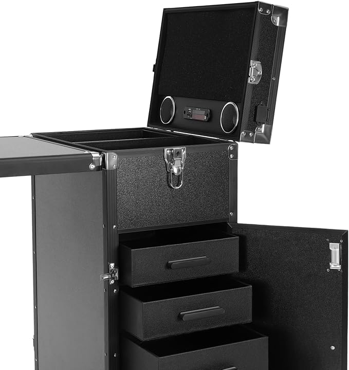 Nail Desk Mobile Station Rolling Makeup Train Case, Foldable Nail Table Manicure Table With Speaker Travel Nail Desk Portable Nail Table Travel Cosmetic Trolley Storage Organizer, Black