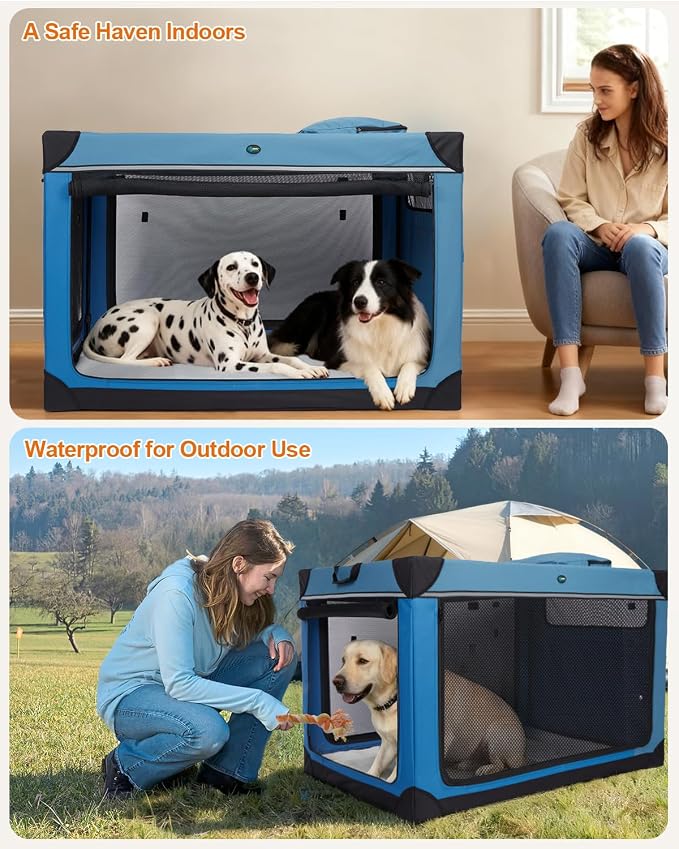 Ownpets 48 inch XXL Collapsible Dog Crate for Large Dogs, Portable Travel Dog Crate, 4-Door Foldable Pet Kennel with Durable Mesh Windows and Soft Mat, Blue | Foldable, Portable, 4-Doors, 4-Side Mesh Windows, Steel Frame Oxford Cloth, Soft Cushion Mat,...