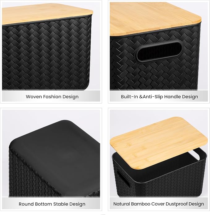 Ohmlove 4 Pack Storage Bins with Bamboo Lids,Stackable Box for Organization | Plastic Storage Containers with Handle, Storages Baskets for Organizing Desktop Closet Playroom Classroom Office, Black