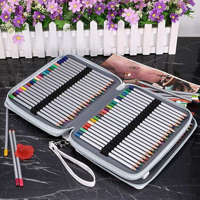 BTSKY Deluxe PU Leather Pencil Case For Colored Pencils - 120 Slot, White | Pencil Holder with Handle Strap Handy Colored Pencil Box Large for Artists, Adults Coloring, Sketching, Drawing