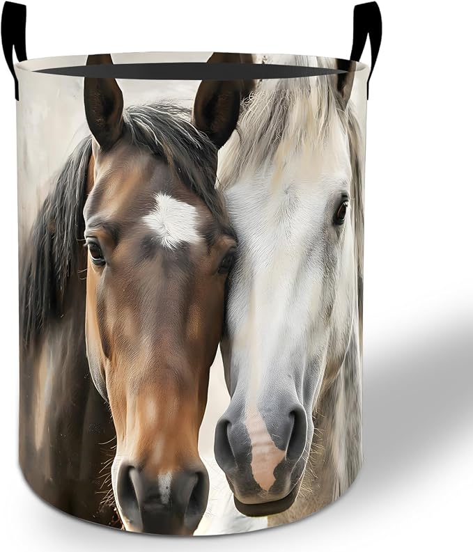 Horse Laundry Basket Hamper 19.7"x15.8", Horses Foldable Waterproof Oxford Clothes Storage Bucket for Room Bathroom Bedroom Nursery Decor, Toy Organizer Bins Gifts for Kids Boys Girls