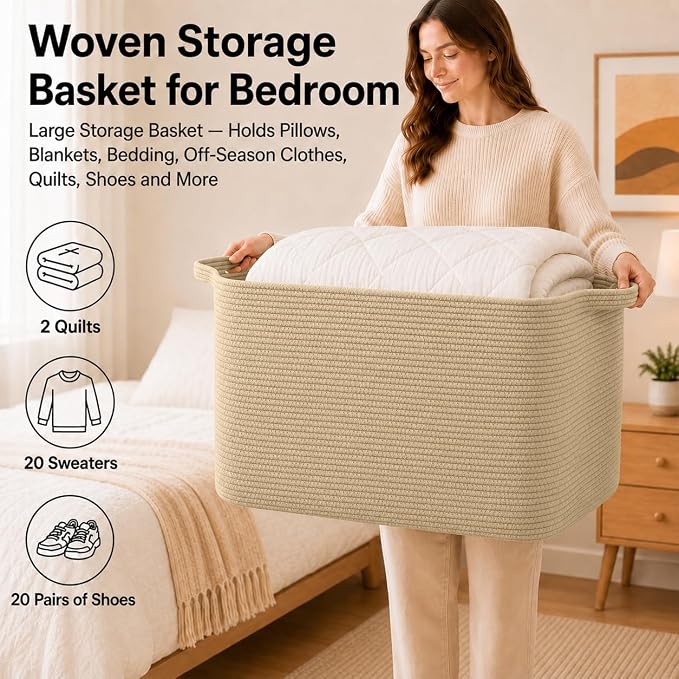 OIASKET 118L Extra Large Blanket Basket Living Room, 24.8"x17.7"x16.2" | Woven Rope Baskets for Storage, Nursery Blanket Storage for Living Room, Toy Basket with Handle Organizing Comforter Pillows