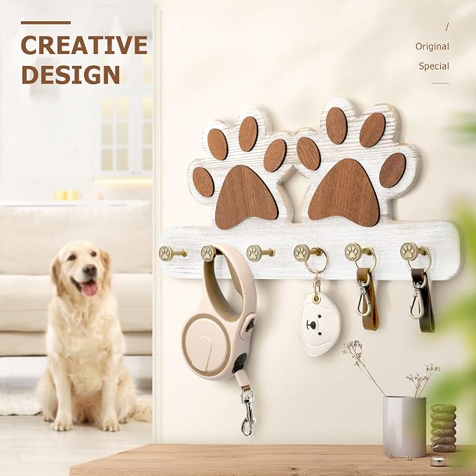 MTERSN Farmhouse Dog Leash Holder for Wall for Pet Supply Storage, White | Unique 3D Pet Claw Hooks, Decorative Dog Leash Hanger, Coat Rack with 6 Hooks for Hats, Dog Stuff Organizer for Entryway