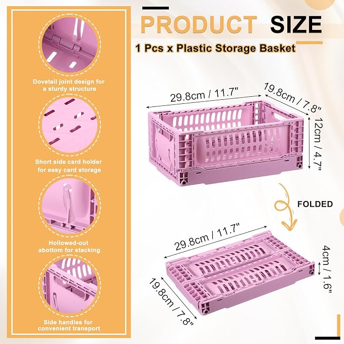 uxcell Collapsible Crates, 11.7x7.8x4.7 Stackable Plastic Storage Baskets with Handle Small Storage Containers for Bedroom Office Classroom Bathroom Desktop Organizer Decor, Rose Red