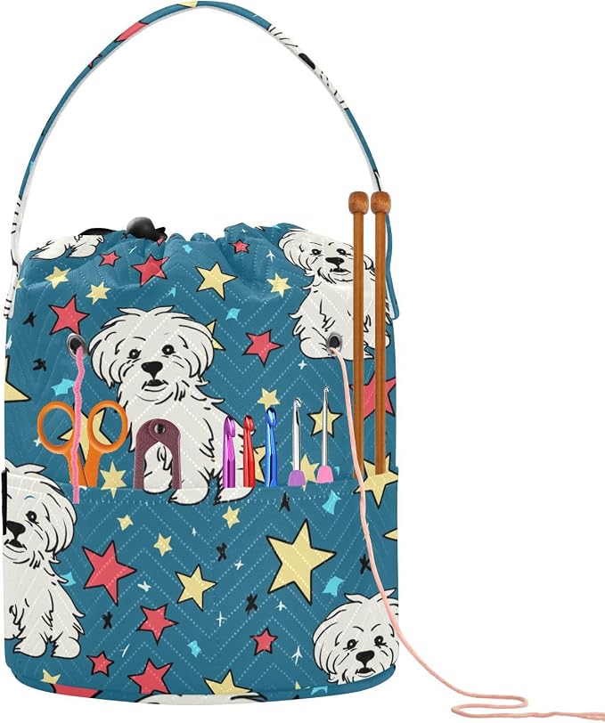 Fustylead Hand Draw Cartoon Maltese and Red Yellow Stars Large Crochet Organizer, Durable Polyester Drawstring Basket Yarn Storage Bag for Crochet Hooks, Knitting Needles, Project and Sewing Supplies