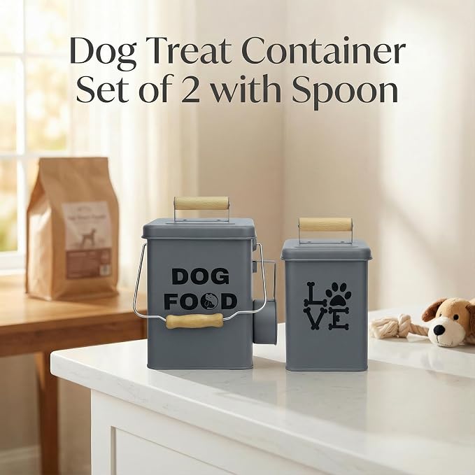 Dog Food Storage Container Set of 2 Dog Treat Container with Airtight Lids Dog Treat Jar with Scoop Metal Dog Food Holder with Wooden Handles for Kitchen Counter and Pantry Home Decor - Grey