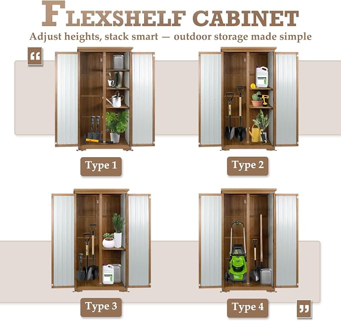 Outdoor Storage Cabinet with Shelves, Weatherproof Stylish Shed for Patio | Adjustable Shelf for Flexible Storage, Lockable Doors for Security, Raised Base, Wood & Metal, Fits Backyard, Garage & Garden