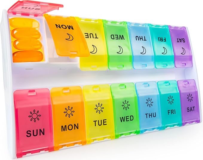 Mossime XL Pill Organizer 2 Times a Day, 7 Day Am Pm Pill Box | 2 Times a Day, Weekly Am Pm, Hinged Lids, 7 Day Medicine Vitamin Case