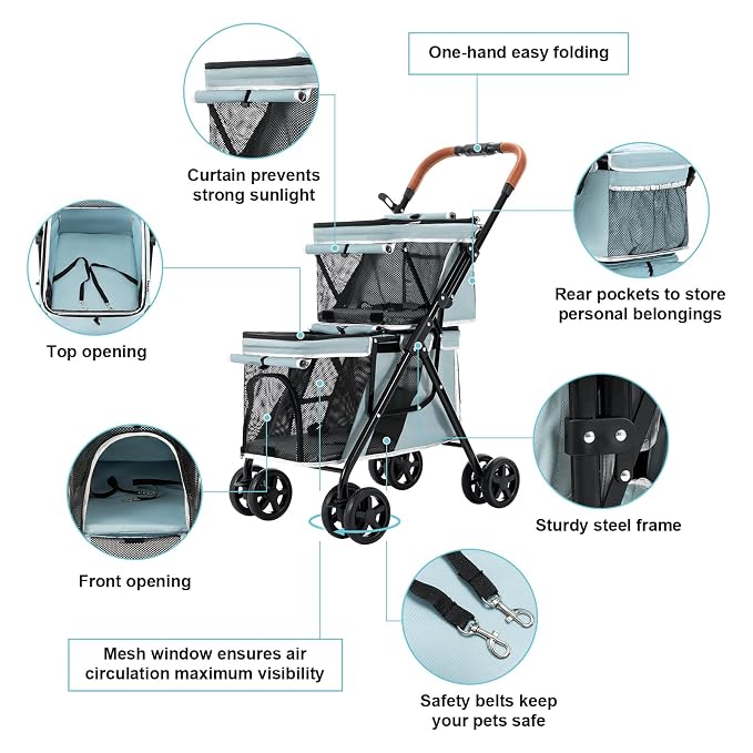 Double Pet Stroller for 2 Dogs & Cats, Double-Decker, Blue | One-Hand Fold Two-Tier Stroller with Separate Cabins, 44 lb Capacity, 4 Tethers, Locking Front Wheels and Rear Brakes