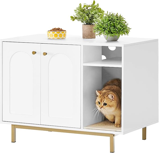 Hzuaneri Cat Litter Box Enclosure, Hidden Litter Box Furniture with Storage | Large Wooden Cabinet with Sisal Mat, Modern Cat Washroom for Living Room, Bedroom, Entryway, White and Gold 01503GCLB