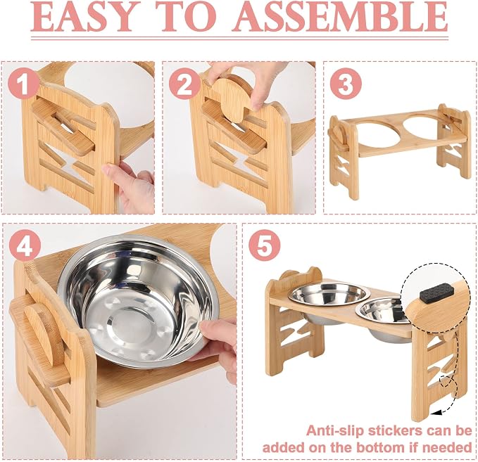 2 Set Elevated Dog Cat Bowls, 15 Tilted Raised Pet Bowl for Puppy and Cats Adjustable Dog Food Feeding Dishes Wood Stand Pet Feeder with Stainless Steel and Non Slip Feet