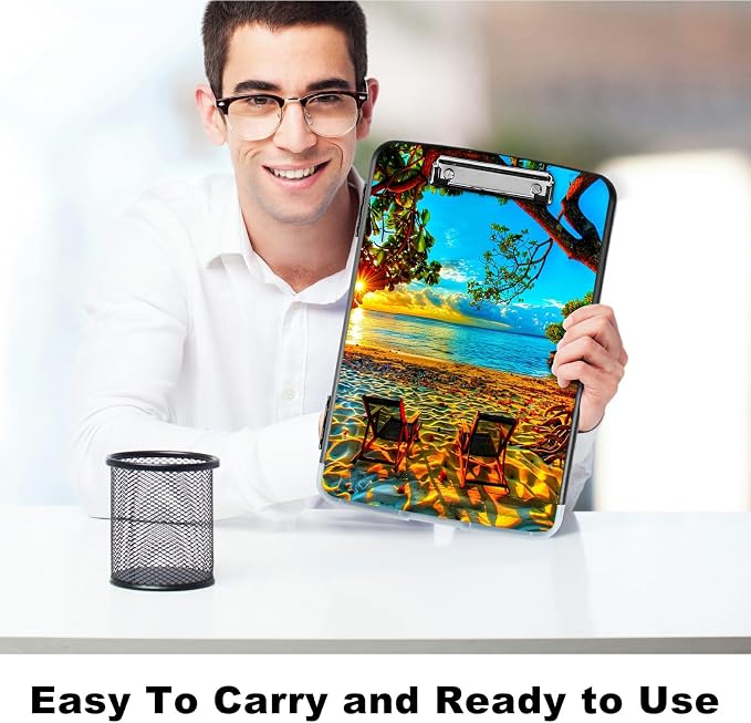 Beach Sunset A4 Clipboard with Storage Pen Holder, Clipboards Organizer Nursing Clipboard Foldable File Folder Plastic Clipboard Folio Clip Board for Office Students Classroom Doctor
