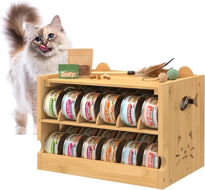 Cat Food Organizer Bamboo Adjustable Can Holder 36 (3oz) Cans | FIFO System, Efficient Storage, Easy Access, For Pet Feeding Area and Kitchen Cabinets