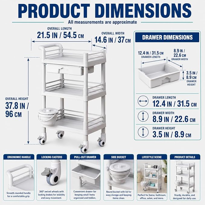 Rolling Utility Cart,Qiwey Utility Cart with Big Drawer,3-Tier Esthetician Cart with Wheels for Beauty Salon SPA Commercial Hospital Office Lab Cart White