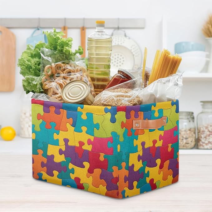 Rectangle Storage Baskets for Shelves, Colorful Puzzles Pattern Storage Cube Organizer Bins Collapsible Toy Basket for Nursery Home Room