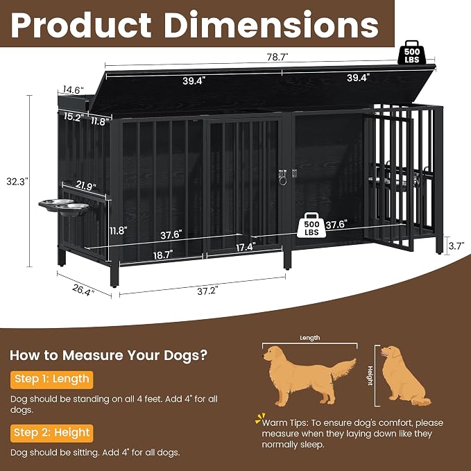 BOINN 78 Inch Dog Crate, Large Dog Crate for 2 Dogs, Dog Kennel Indoor for Large/Medium Dogs with Top Access Door, XL Wooden Dog Cage with 360 Degree Rotatable Stainless Bowls, Heavy Duty Steel Frame