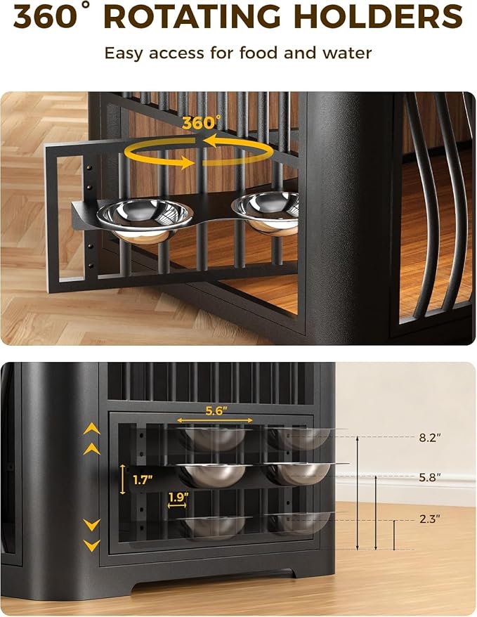48 Inch Large Dog Crate Furniture, Heavy Duty Wood Dog Kennel Furniture Indoor for Large and Medium Dogs, Pet Crate Furniture with Adjustable Rotating Hanging Bowl and Table, Brown