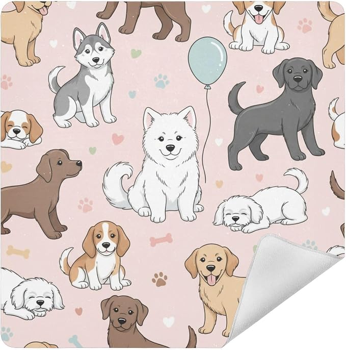 Emelivor Cute Pets Dogs Pink Print Self-Adhesive Magic Cloth Makeup Bag Portable Cosmetic Bag for Travelling Protective Wrap for Camera Laptop Sleeve Cover for Travel Cosmetics, 13.8x13.8in