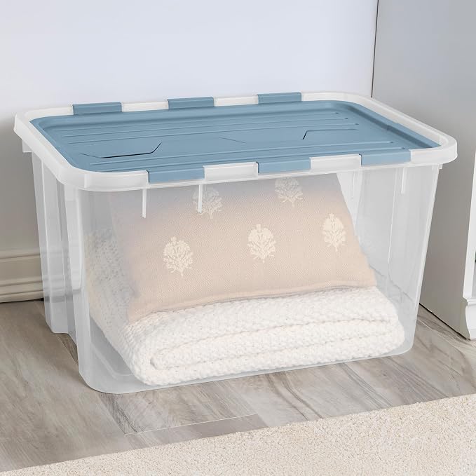 SteriliteHinged Lid Storage Box Plastic Container, 60 Quart, 6 Pack | Washed Blue - Home Organizer Tote for Storing Shoes, Crafts, Clothing, or Decor