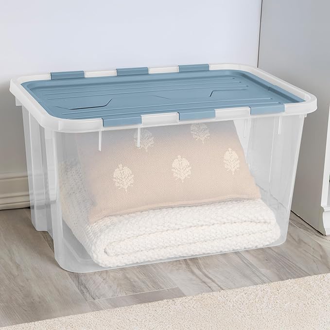 SteriliteHinged Lid Storage Box Plastic Container, 60 Quart, 12 Pack | Washed Blue - Home Organizer Tote for Storing Shoes, Crafts, Clothing, or Decor