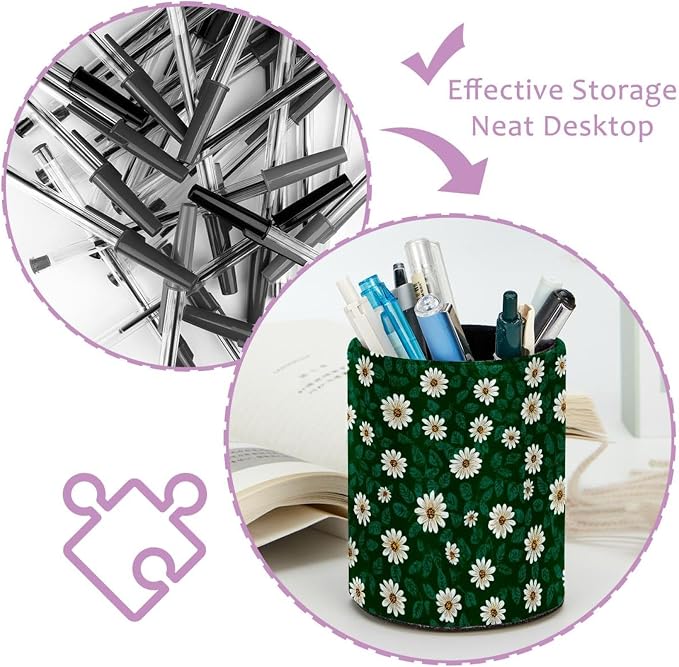 Faux Leather Pen Holder for Desk, Pencil Organizer Daisy Pen Cup Desk Decor Makeup Brush Holder Storage for Office Home
