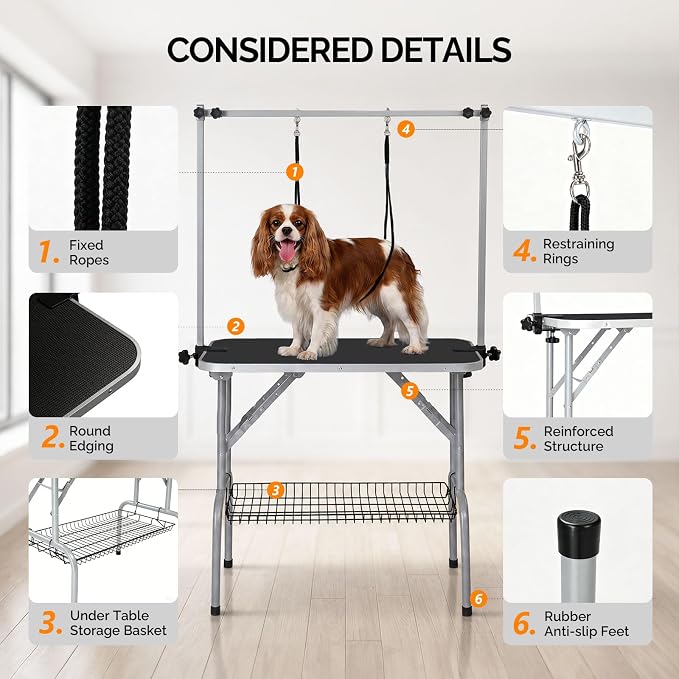 VINGLI Dog Grooming Table, Adjustable Cat Grooming Desktop with Arms and Storage Basket, Pet Grooming Stand at Home (Black, 32 inch)