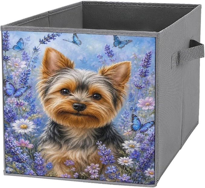 Yorkie Dog Lavender Butterflies Garden Storage Bin with Handles, Oxford Fabric Foldable Storage Cube Organizer for Clothes, Towels, Bedroom, Living Room, Home Organization