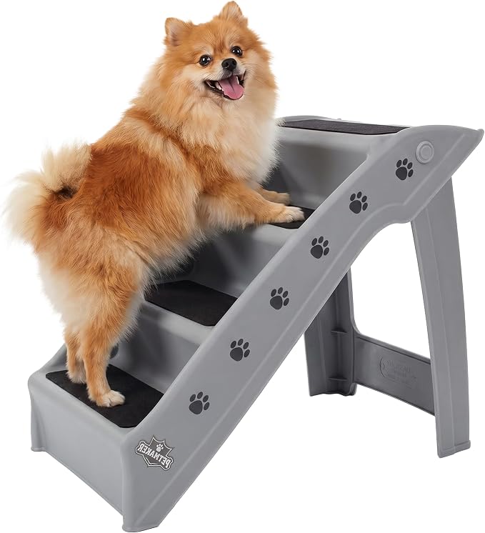 PETMAKER Lightweight Durable Plastic Dog Stairs, Gray, 23.25” x 15” x 19” | Foldable Pet Stairs with 4-Step Design for Bed, Couch, Car, Pet Steps with Non-Slip Carpeted Pads for Small Dogs and Cats