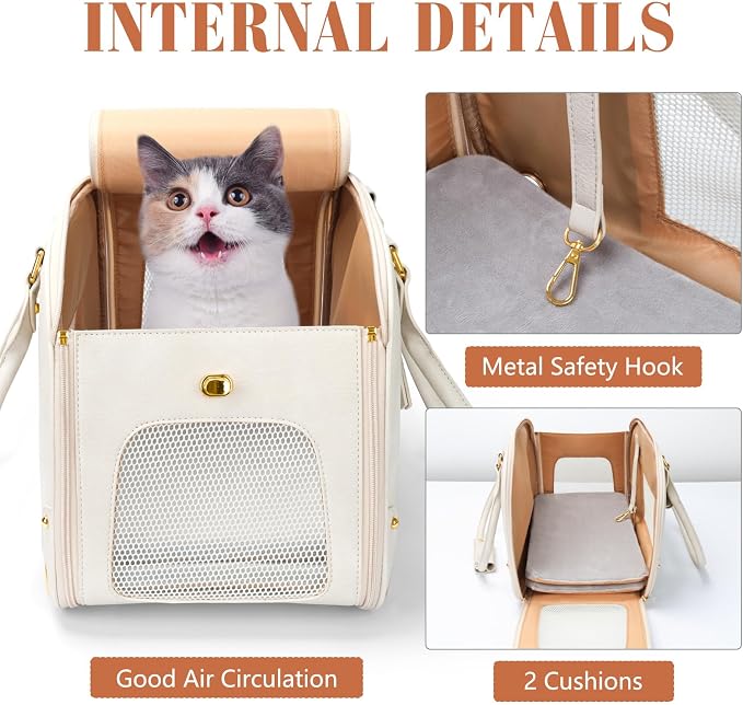Dog Carrier Purse, Pet Carrier, Foldable Waterproof Premium Leather Pet Travel Portable Bag for Cat and Small Dog Home & Outdoor Small Beige