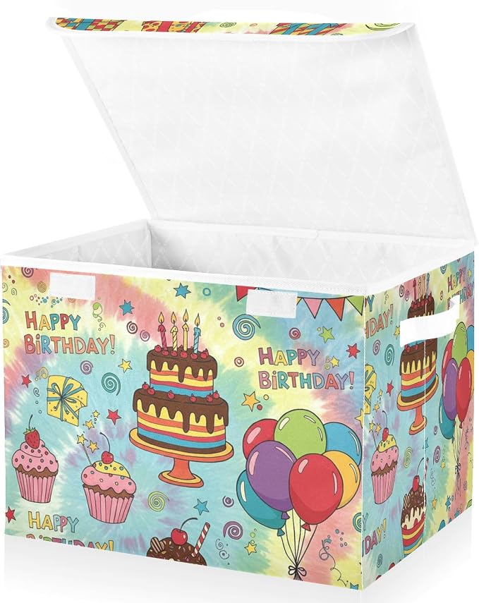 Fabric Storage Bins with Lid Birthday Cake Closet Storage Basket 40L | Decorative Storage Boxes, Foldable & Stackable, Dust-Proof Flip Top, Reinforced Handles, For Home & Dorm, Clothes & Toy Box