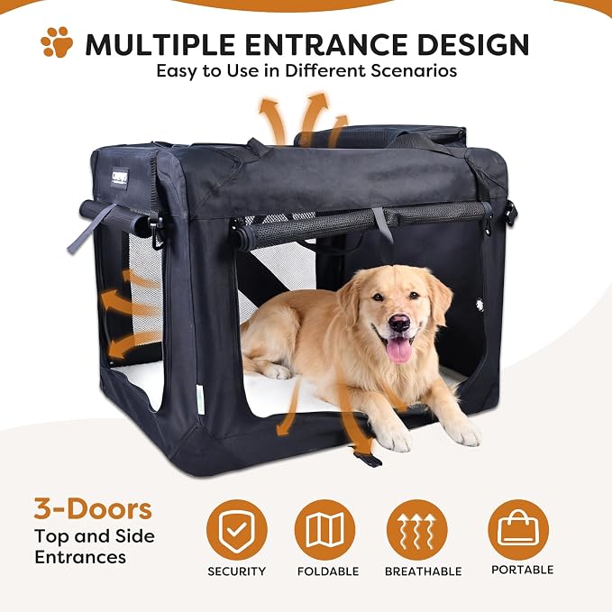 Jespet 3 Door Soft Dog Crates Kennel for Pets, Folding Travel Pet Carrier | 3 Mesh Doors 36'' Dog House, Large Pocket, Easy to Install, Steel Frame, Removable Crate Pad, For Indoor & Outdoor