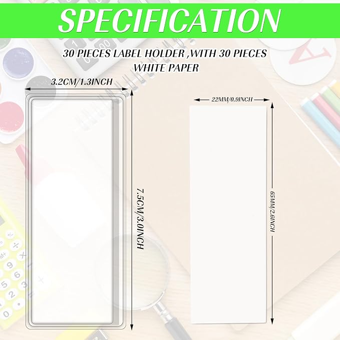 ASTER 30Pcs Self Adhesive Label Holders, Clear Shelf Tag Plastic Drawer Labels Index Card Pockets for Labels with Paper, Self Stick Shelf Label Holder for Supermarket, Bookshelf, Mailbox(3 x 1.3 Inch)