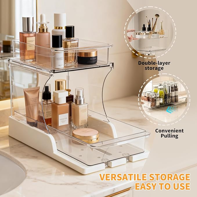 Jsyrjing 2 Pack Pull Out Spice Rack, 2 Tier Clear Cabinet Organizer | Rotating Pantry Organizer for Kitchen, Bathroom and Makeup Storage, Sliding Drawer Design for Under Sink Cabinets