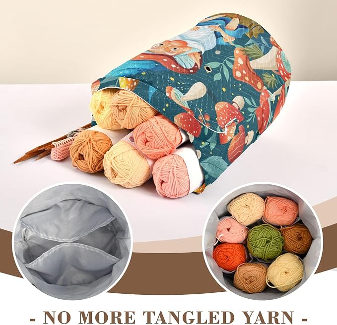 Fustylead Magical Gnome and Vibrant Mushroom Knitting Crochet Bag, Portable Large Yarn Storage Drawstring Basket Organizer for Crocheting Hooks, Project, Store Skein Ball, Short Knitting Needle