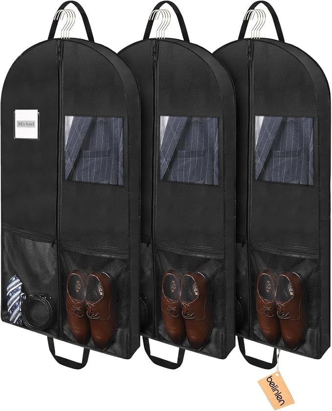 3 Pack 43" Travel Garment Bags for Suit Garment Bags for Closet Storage Hanging Clothes Bag with Carry Handles and 2 Large Pockets, 4" Gussets for Suit Coat, Shirts, Dress