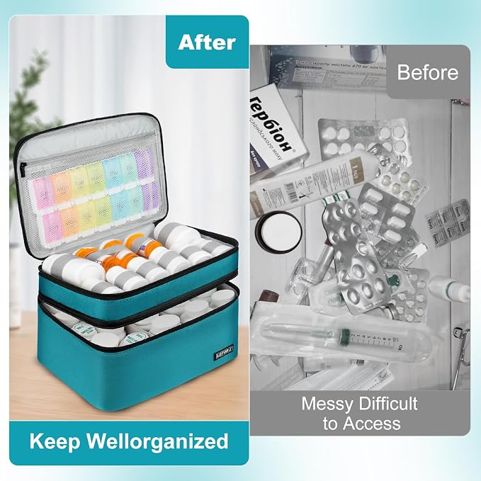 LEFOR·Z Medicine Storage Bag,Double Layers Pill Bottle Organizer Bag Empty | Medical Supplies Bag with Lockable Zipper & Adjustable Divider,Medication Travel Carrying Bag for Pills,Vitamins,Teal Color