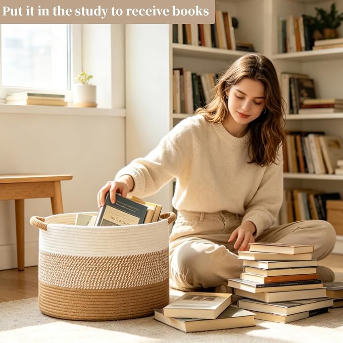 Large Cotton Rope Storage Basket, 70L Collapsible Woven Storage Bin Woven Blanket Basket with Handles Decorative Storage Bin for Living Room Bed Room Toys Laundry