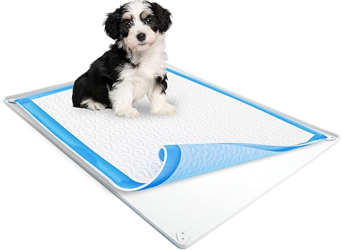 Skywin Dog Pee Pad Holder Tray Fits for 28” x 34” Pee Pads - 1 Pack - White | Corner Lock Holes, Raised Edges, Non-Spill, Easy to Clean Silicone Dog Potty Tray Holder, For Indoor Floor Protection