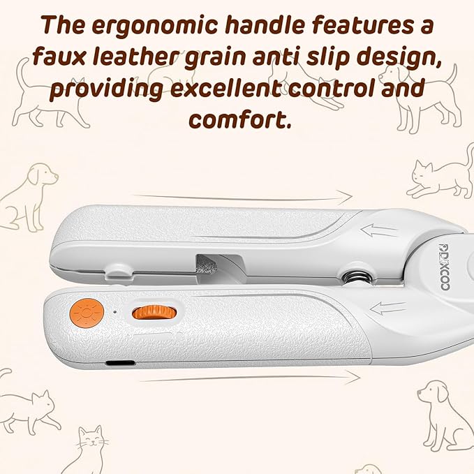 Dual-LED Pet Nail Clippers with Stepless Brightness Adjustment, Side Lock & Retractable File, Anti-Slip Handles for Dogs and Cats (White)