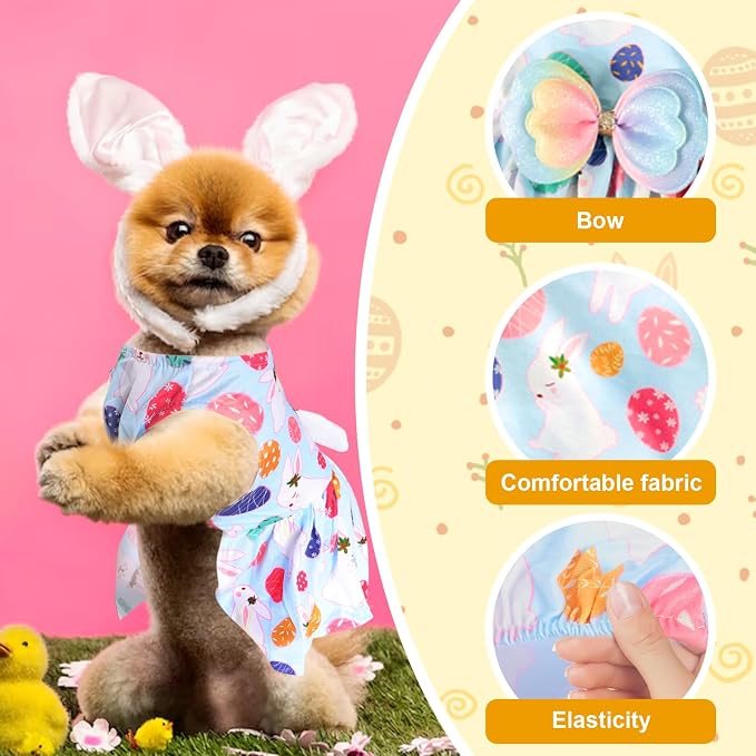 Easter Dog Costume Dress for Pets, Easter Bunny Pet Outfit Dogs Bow Clothes,Light Blue Puppy Skirt, Spring Dog Dress，Size M (17.6-19.8 lbs)
