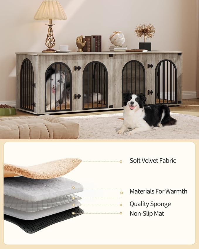 Hzuaneri 70.9" Double Dog Crate Furniture, Dog Kennel Indoor with Cushion | Heavy Duty Dog Crate Furniture for 2 Dogs,Dog Cage End Table TV Stand with Divider for Med-Large Dogs,Greige Black DFC81905B