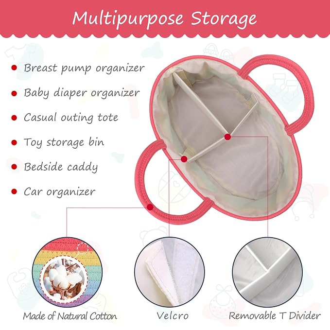 COMSE Large Cotton Rope Baby Diaper Caddy Organizer with Handles, Rainbow