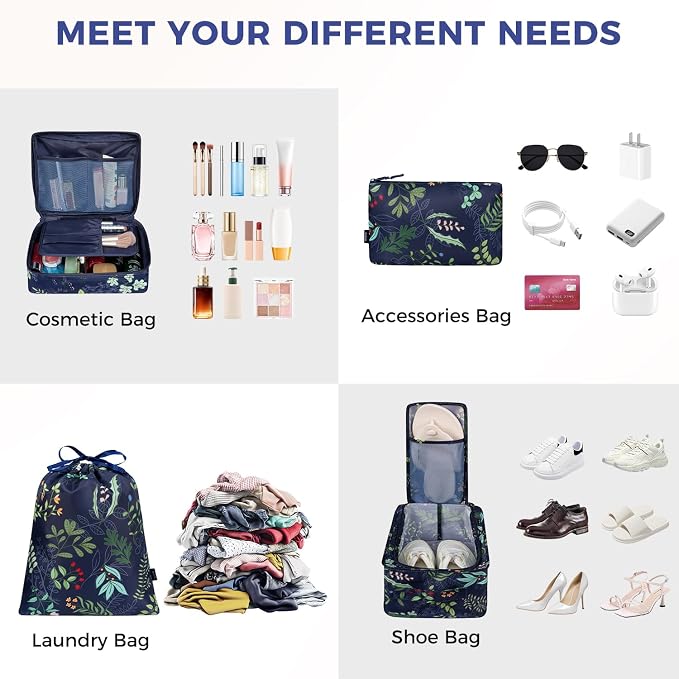 BAGAIL 8 Set Packing Cubes Luggage Packing Organizers for Travel Accessories-Navy Leaf