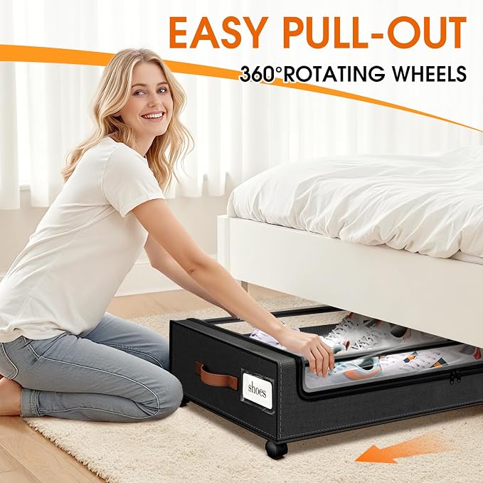 Under Bed Storage with Wheels 2Pack Storage Containers with Clear Window | Under Bed Drawers Rolling Under Bed Storage for Clothes,Shoes, Blankets (30.71 x 16.93 x 6.69 in, Black)