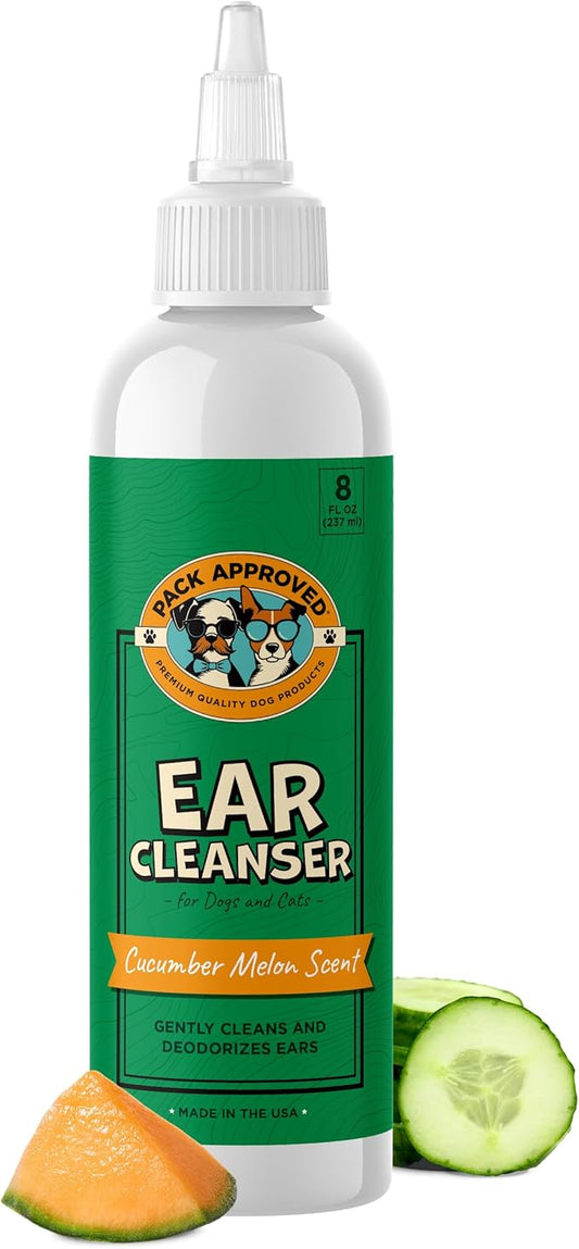 Pack Approved Cat & Dog Ear Cleaning Solution - Helps Remove Wax, Debris, and Dirt - Non-Stinging, Non-Burning Daily Use Formula - Cat & Dog Ear Wash for Itchy Ears - Cucumber Melon Scent (8oz)