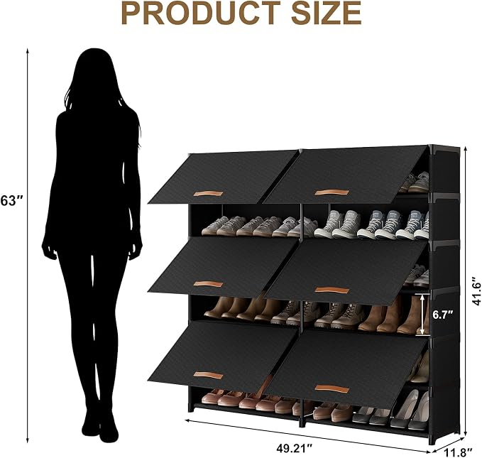 2 by 7 Tier Shoe Cabinet, 42-Pair Storage for Closet, Black | Removable Layer Fits Tall Boots, Split into 2 Units for Different Spots, Door Keeps Shoes Clean